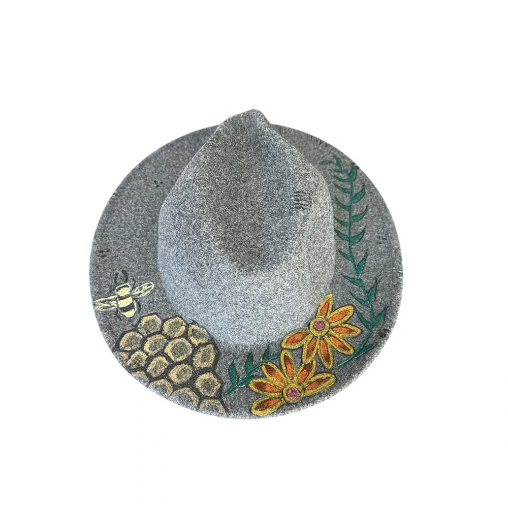 Hand-Painted Wool Fedora Hat | Floral & Bee Design | Artist Signed | NWOT